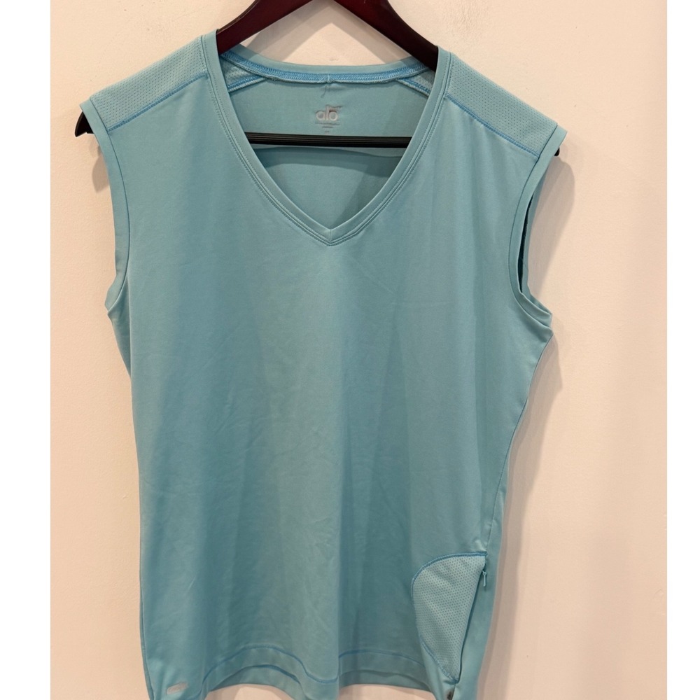 Alo Yoga CoolFit V Neck Tank Top Women's XL Blue Sleeveless Zip Pocket Active